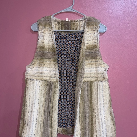 Faux Fur Beige Sz Medium Lining Pattern Vest Open Women's Mystree - Picture 1 of 7